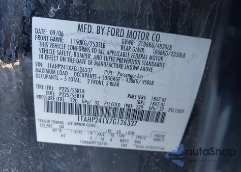 2007 Ford Five Hundred Sel из США, поврежденный, VIN 1FAHP241X7G126337